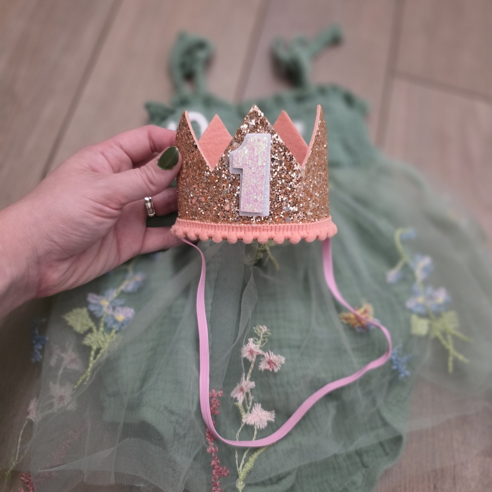 Green Embroidered Tulle First Birthday Dress with Crown - Picture 2 of 3